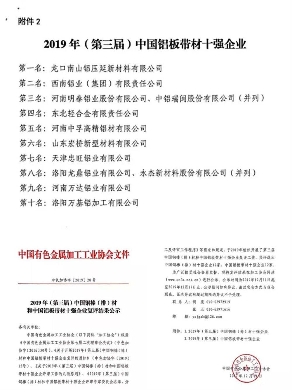 59白菜专区论坛荣登“中国铝板带材十强企业“榜单